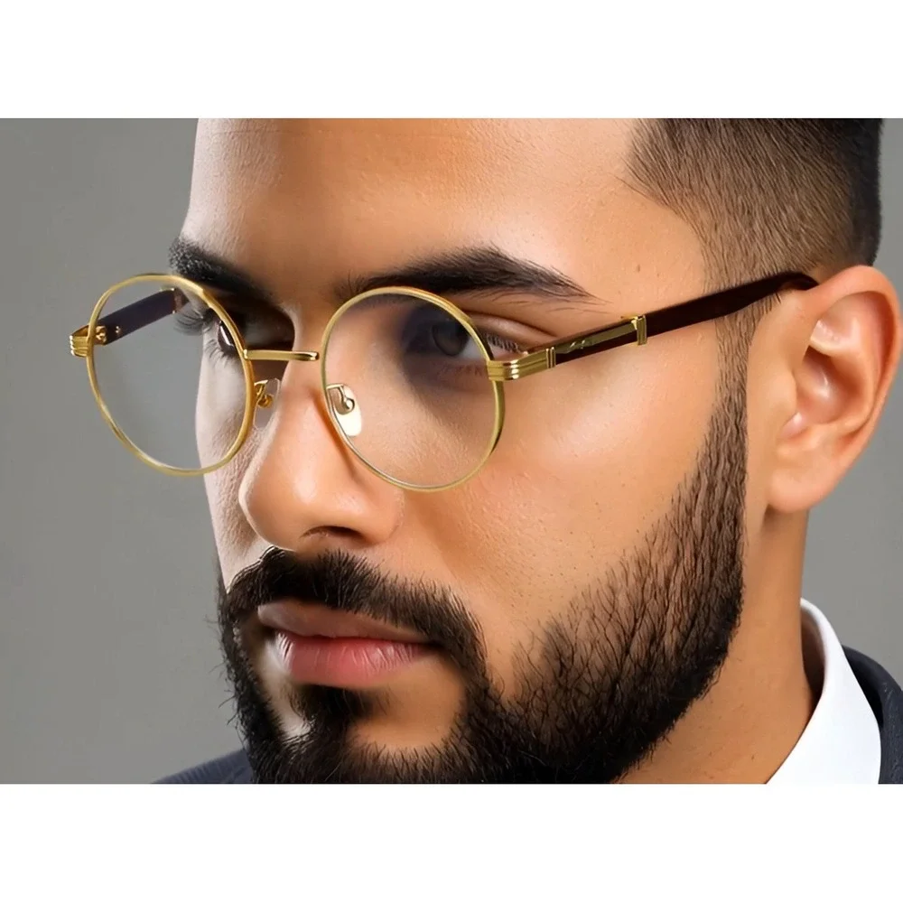Round Clear Lens Gold Glasses Wood Buffs Stylish Fashion Eyeglasses UV400 Street